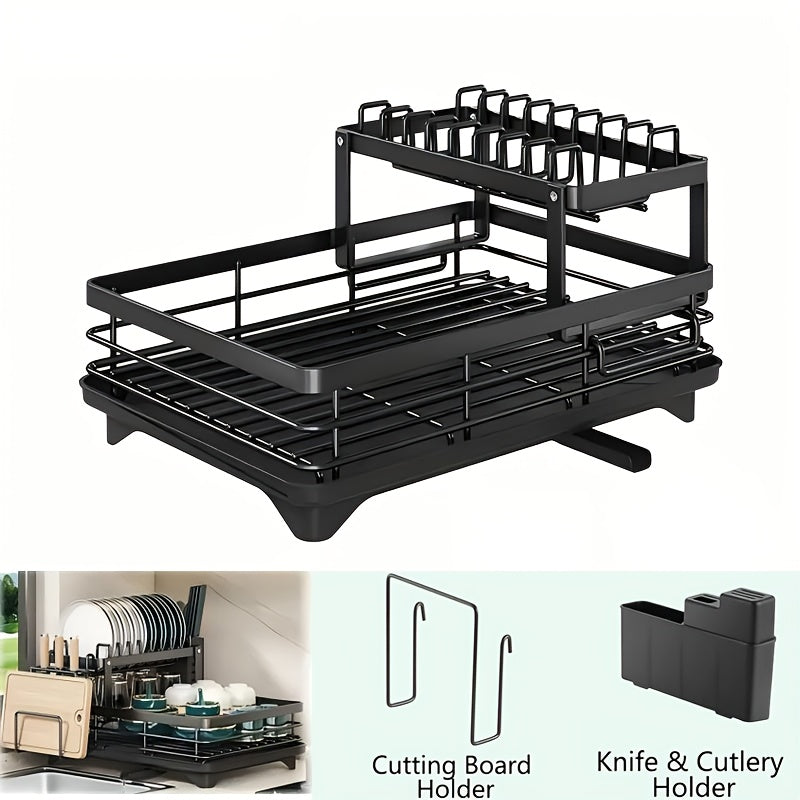2-Tier Dish Drying Rack Kitchen Counter Drainboard Drain Mat Knife Fork Cup Holder Utensil Organizer Dish Drainer Kitchen Gadget Gift for Women Mother's Day Black Gray White