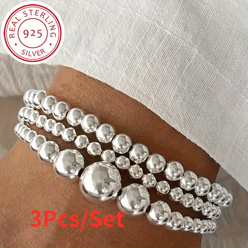 S925 Sterling Silver Beaded Bracelet Set for Women 3pcs – Handcrafted Stackable Round Bead Minimalist Bracelets 15.68g Hypoallergenic Daily Wear Valentine's Day Birthday Anniversary Gift