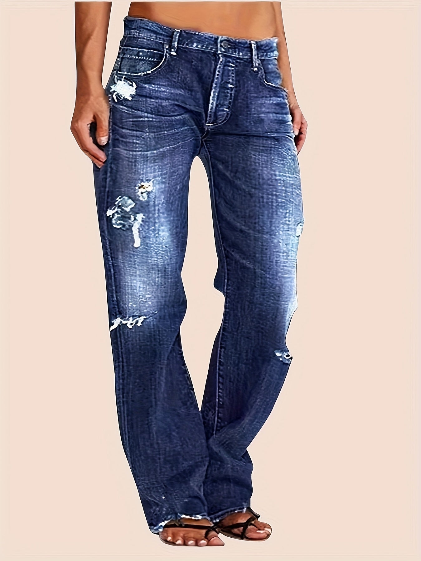 Ripped Flare Wide Leg Jeans Women Distressed Stretch Denim Fashion Streetwear Casual Pants Light Blue Dark Blue XS-XXL