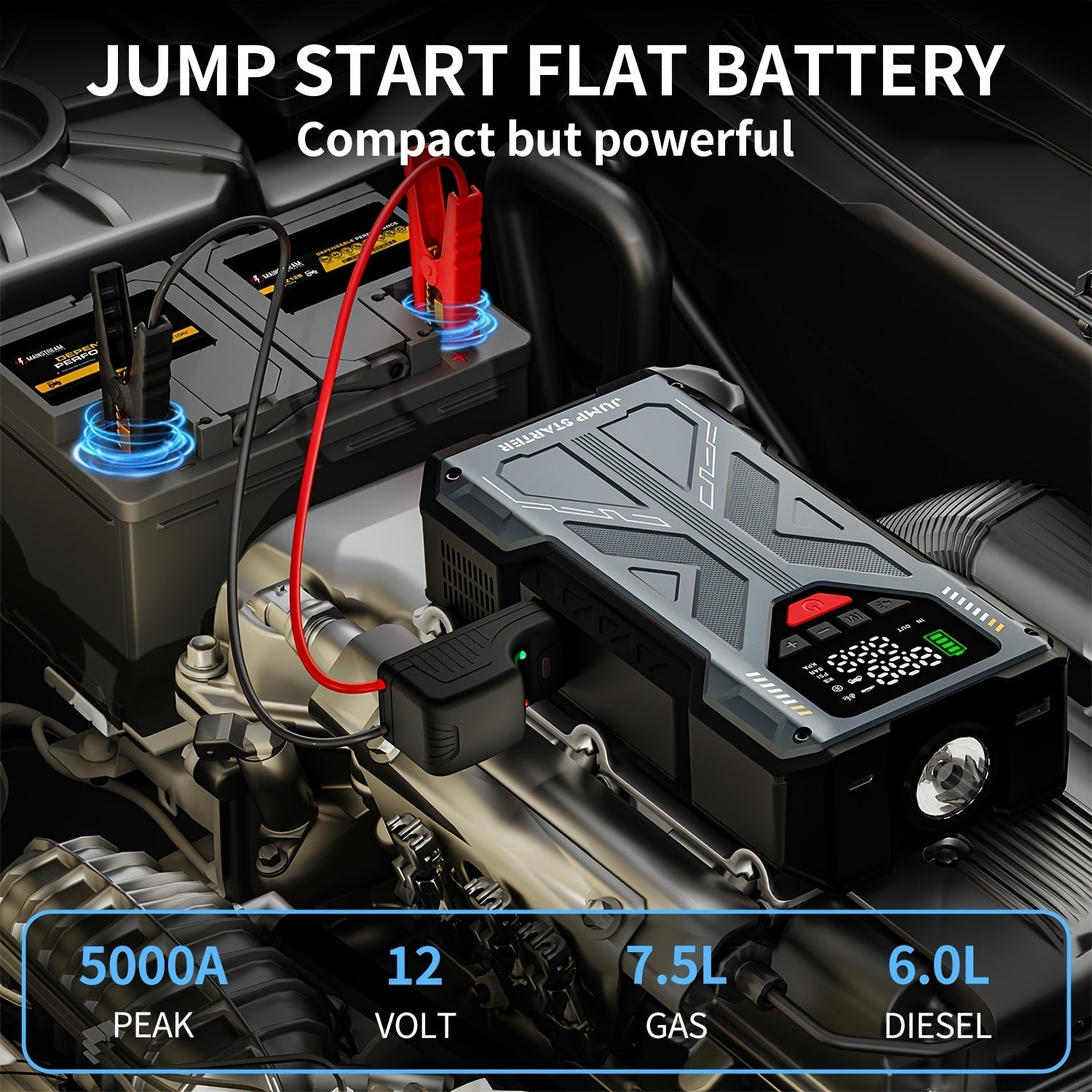 9 in 1 Portable Jump Starter with Air Compressor for 12V Cars Up to 8.0L Gas 6.5L Diesel Battery Booster Pack Tire Inflator USB Power Bank LED Emergency Light Safety Hammer Roadside Kit