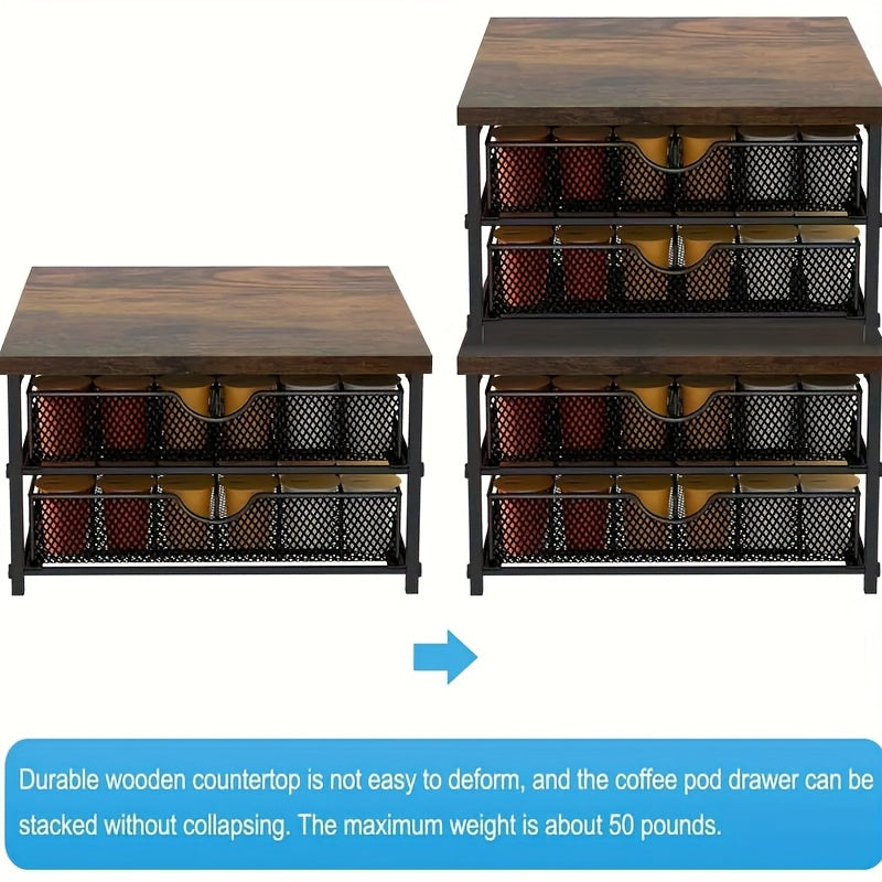 K-Cup Coffee Pod Holder Counter Storage Sliding Drawer Organizer Keurig Nespresso Capsules Double Layer 48 Pod Capacity Kitchen Countertop Coffee Station Brown