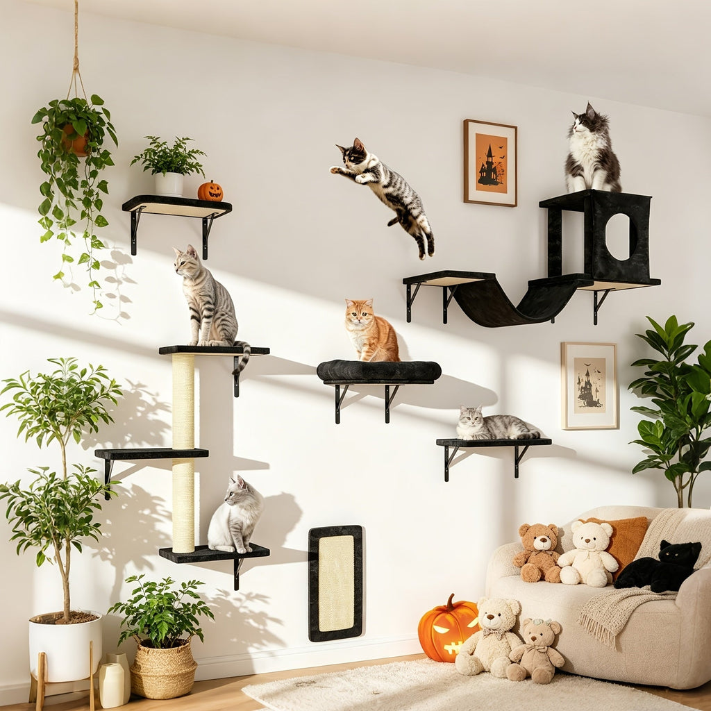 Wall Mounted Cat Climbing Shelf Set 7-Piece Deluxe Indoor Cat Furniture with Condo Scratching Post Bridge Ladder Tunnel – Space-Saving Cat Wall Playground for All Cat Sizes
