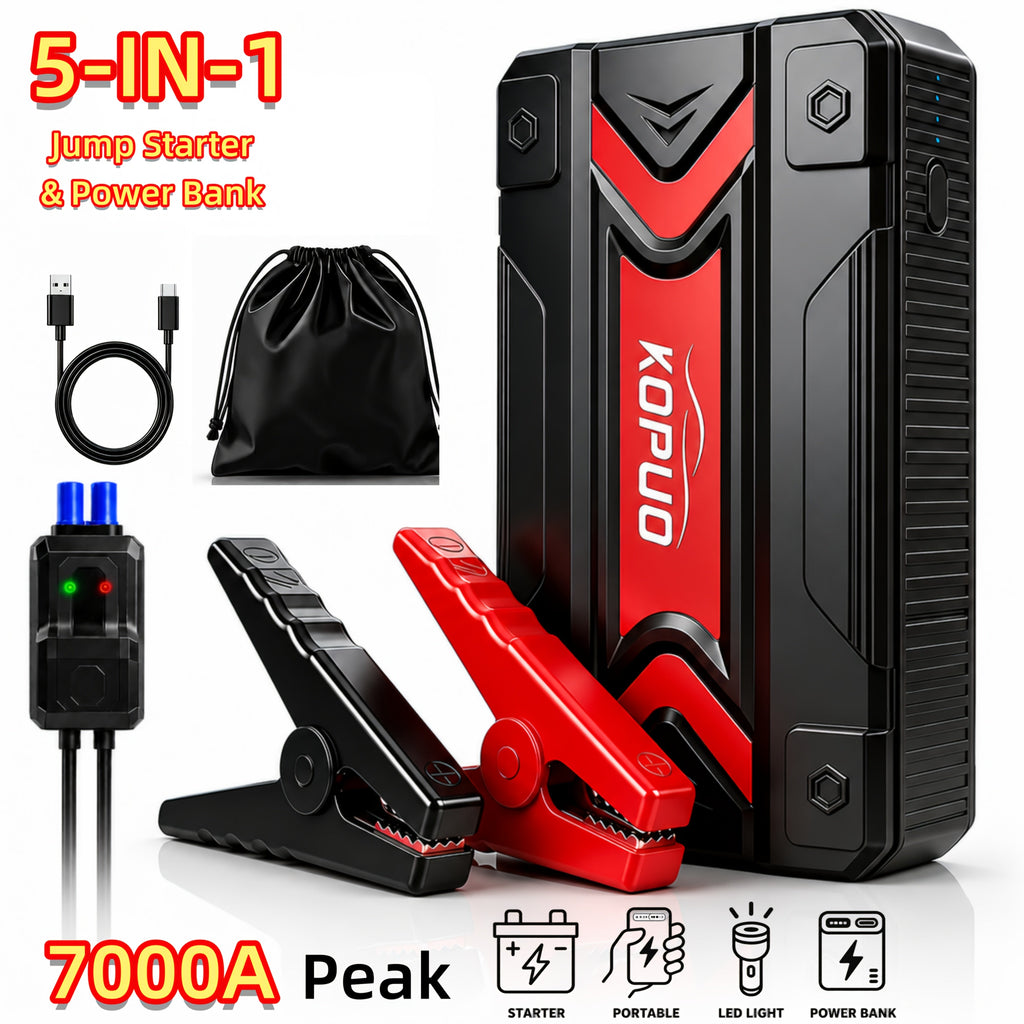 Portable Car Jump Starter with Air Compressor 20000A Peak 7 in 1 Battery Booster Pack 150PSI Tire Inflator Power Bank LED Light LCD Display Safety Hammer 12V Emergency Roadside Kit Car SUV Truck
