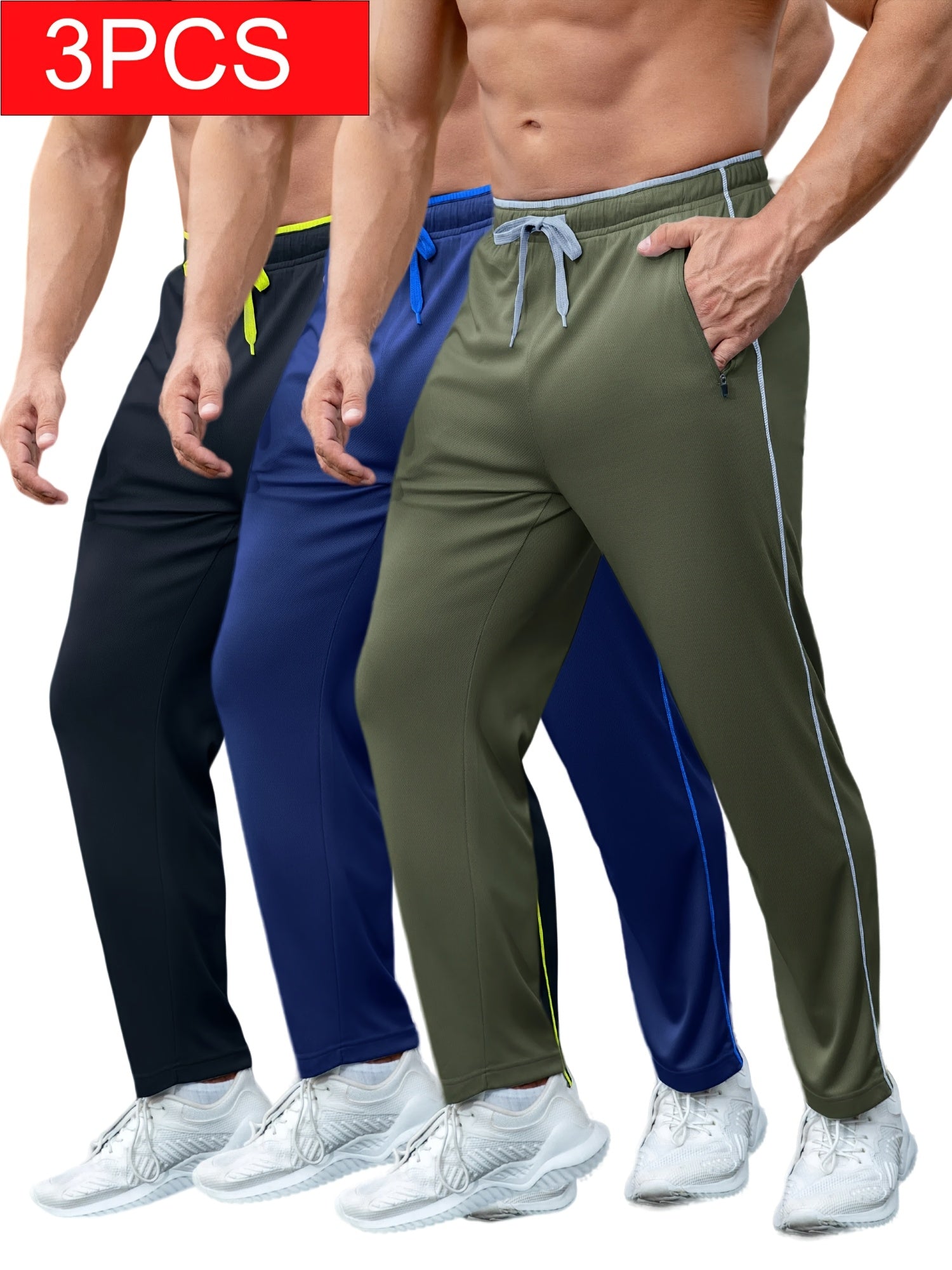 Men's Lightweight Sweatpants 3-Pack with Pockets – Open Bottom Athletic Jogger Pants for Workout Jogging Gym Running & Training, Sizes S-XXXL, 3 Color Sets