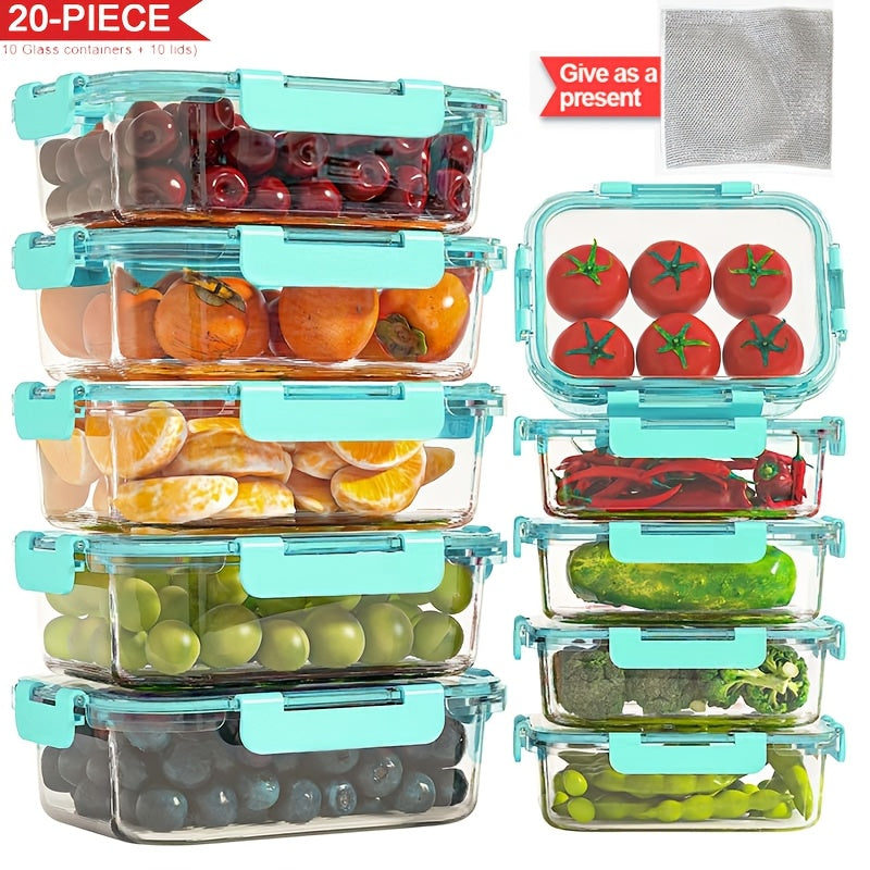 Glass Food Storage Containers with Lids 20 Piece Set Airtight Stackable Meal Prep Borosilicate Glass Containers Oven Microwave Dishwasher Freezer Safe BPA Free Kitchen Organization
