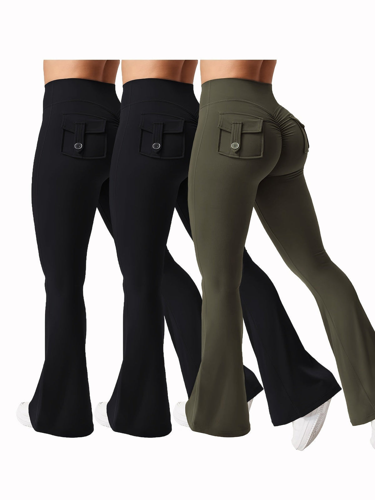 Women's 3-Piece High Waist Flare Yoga Pants Set with Belt and Pockets, Scrunch Butt Lifting Squat Proof 90% Polyester Stretchy Flared Leggings for Workout Gym Running Casual Wear