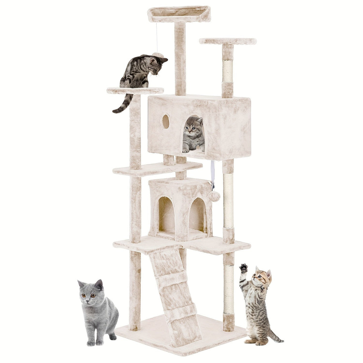 Multi-Level Cat Tree Tower with Scratching Post Perches & Plush Apartments – Space-Saving Indoor Cat Climbing Frame Activity Center, Heights 36-80 Inch, 6 Colors Beige Gray Pink