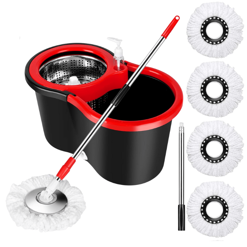 360° Spin Mop and Bucket Set with Wringer – Microfiber Mop Refills Stainless Steel Extended Handle Separate Compartment Floor Cleaning System for Hardwood Tile Laminate, Upgrade Option with 2 Refills