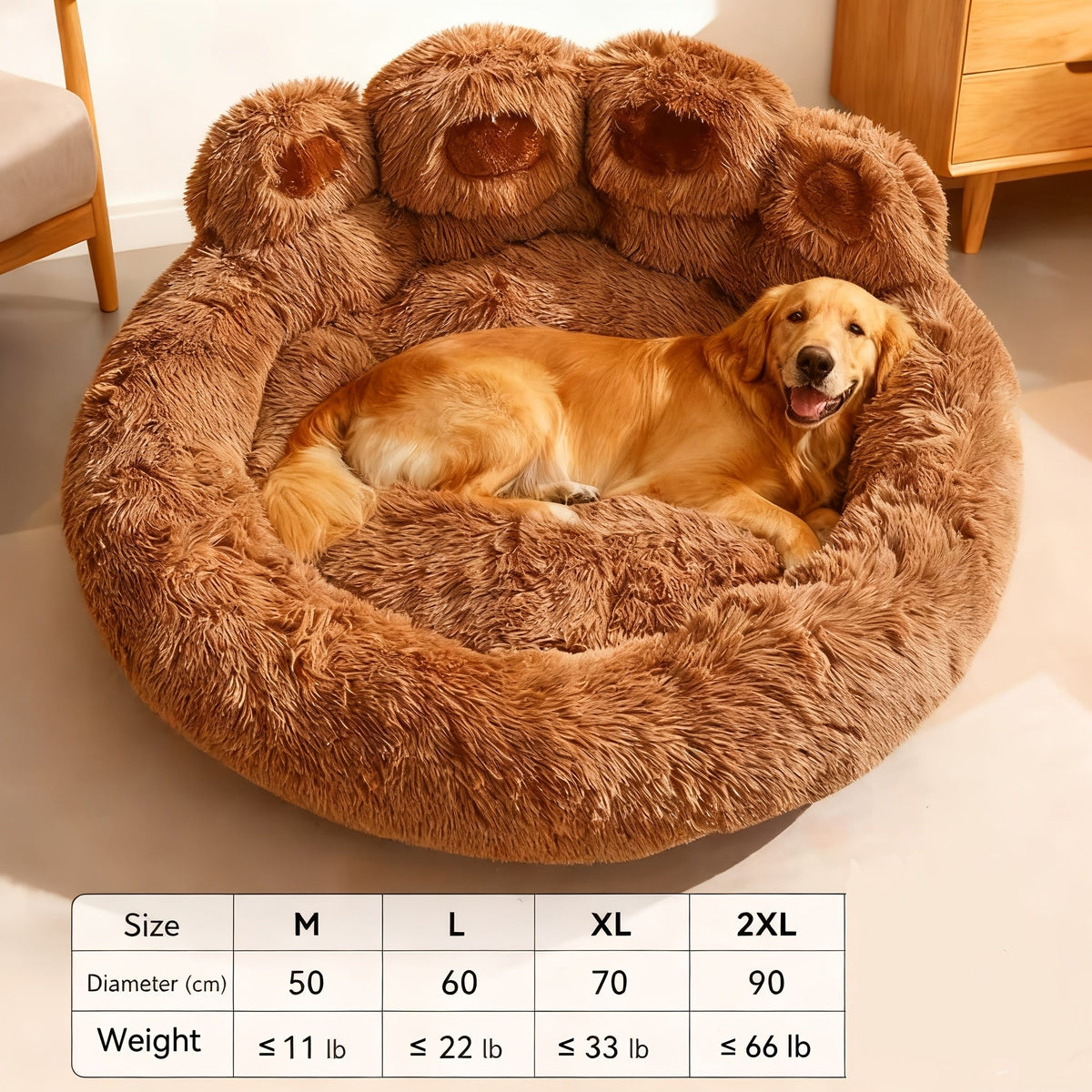 Bear Paw Plush Round Pet Bed for Dogs & Cats Soft Calming Non-Slip Cozy Puppy Bed – Small Medium Large, 20/24/28/36 Inch, Coffee Pink Gray