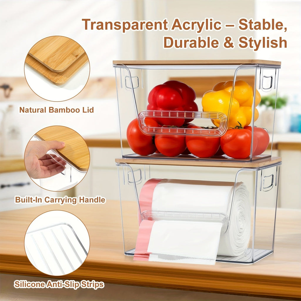 Clear Acrylic Trash Bag Dispenser with Bamboo Lid – Stackable Trash Bag Holder for Under Sink, Kitchen, Laundry Room & Pantry Organization | Fits 13/30/33 Gallon Bags | 1, 2 & 4-Pack