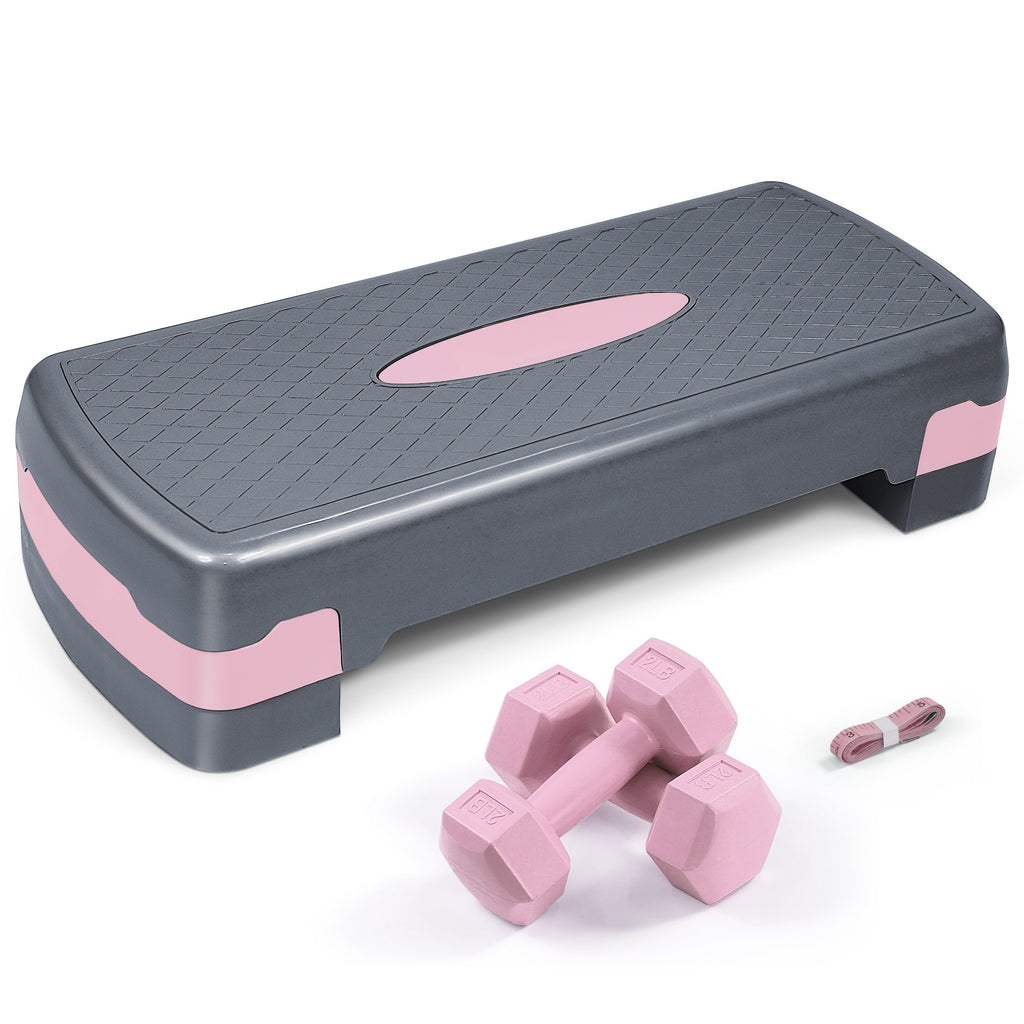 Adjustable Height Aerobic Stepper Set with 2 Dumbbells & Measuring Tape – Non-Slip Exercise Step Platform with Level Risers, 550 LB Capacity, Home Gym Workout Equipment for Cardio & Weight Loss