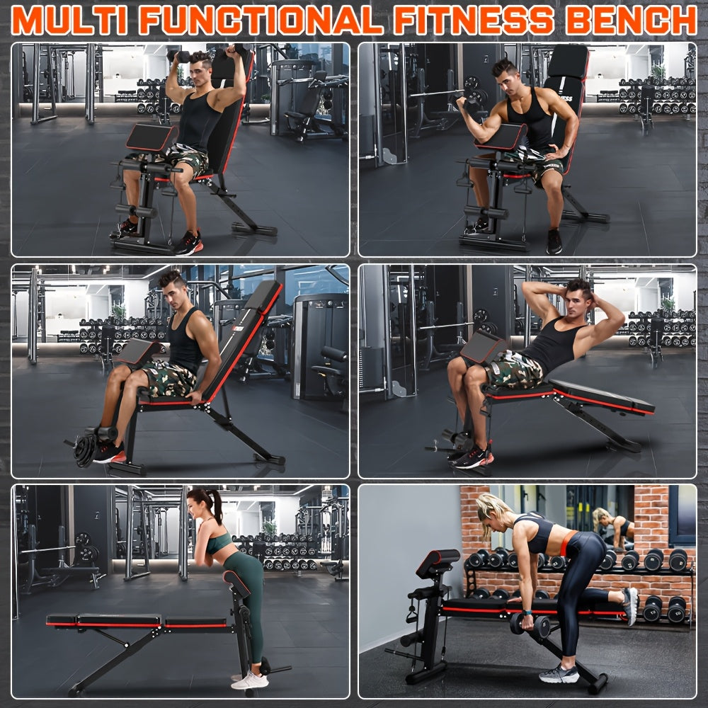 Foldable 6-in-1 Adjustable Weight Bench 770 LBS Home Gym – Flat Incline Decline Strength Training with Resistance Bands Preacher Curl Pad & Leg Developer for Full Body Workouts