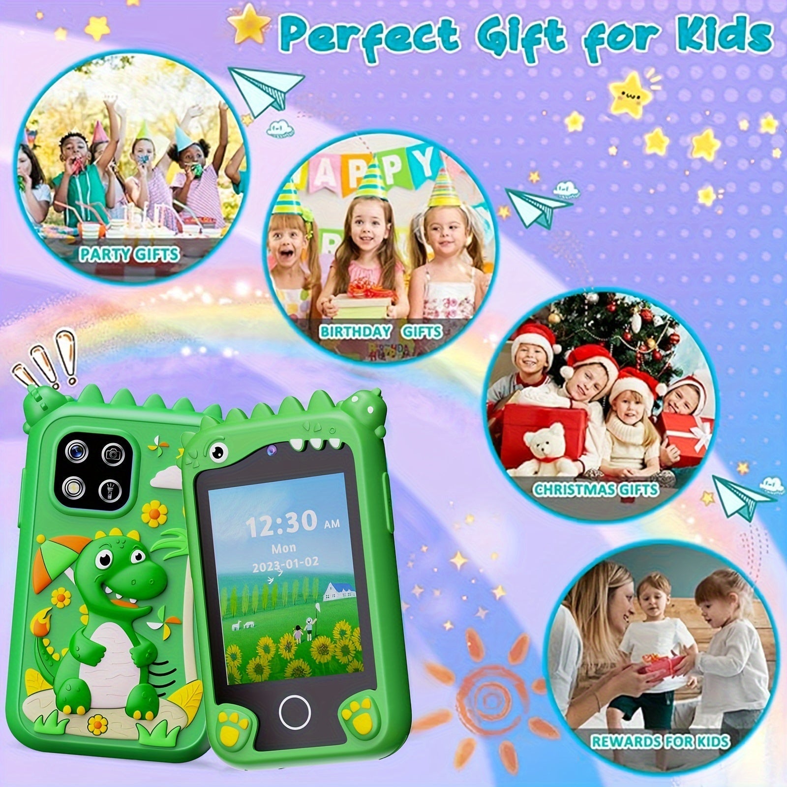 Kids Smart Phone Toy Dinosaur Design HD Touchscreen Dual Camera 8GB SD Card Play Cell Phone for Boys Girls Ages 3 and Up Travel Toy Birthday Easter Halloween Christmas Gift Green Purple