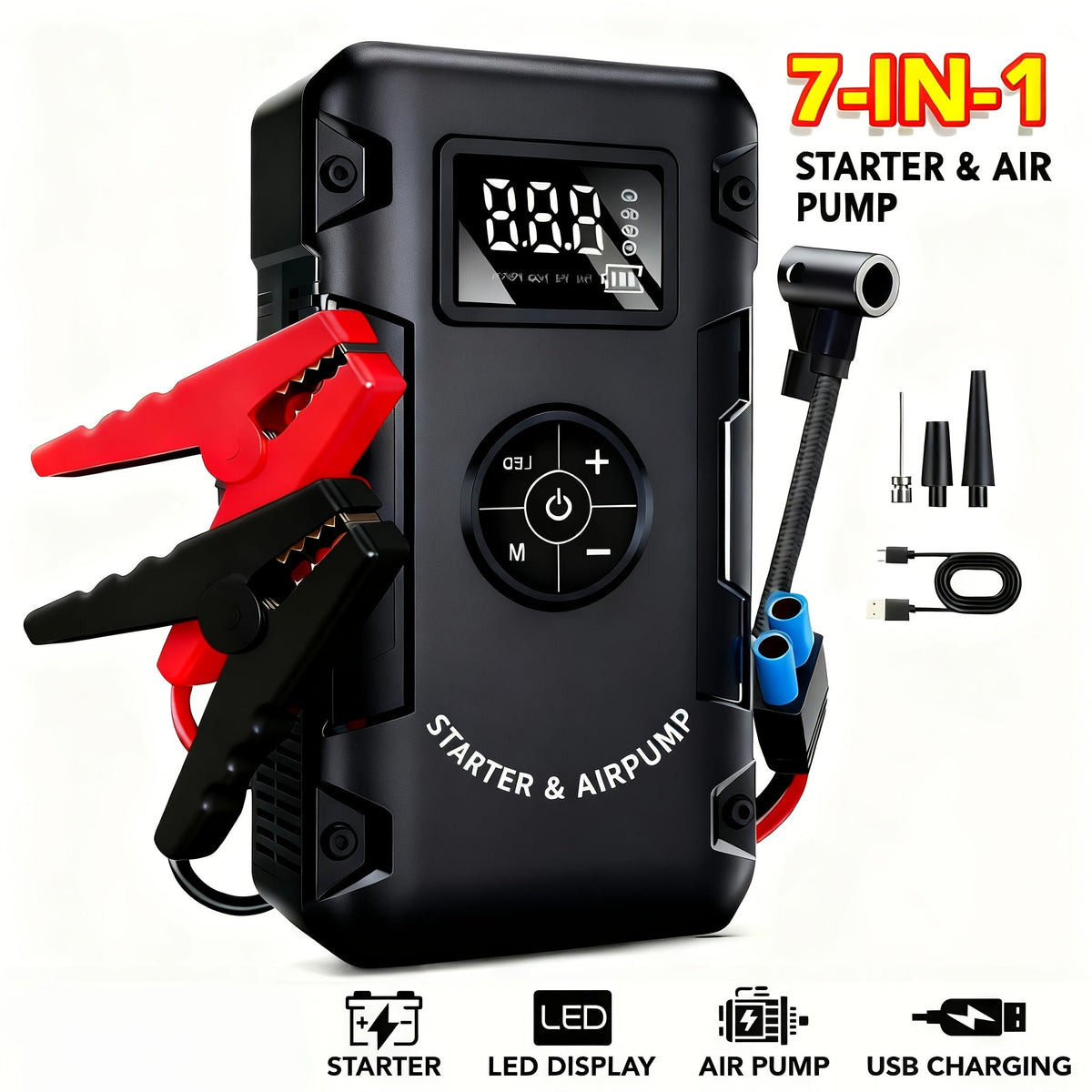 10000A Car Jump Starter 7-in-1 with 150PSI Air Pump – Portable Battery Booster for Gas Up to 10L & Diesel Up to 8L, Power Bank, Vehicle Emergency Kit