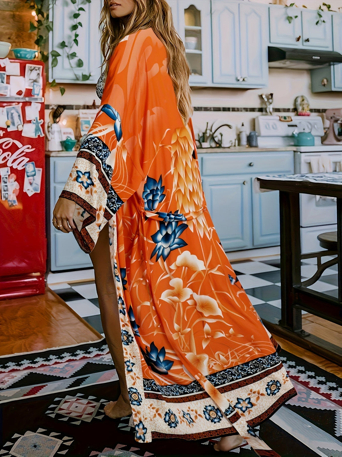 Women's Beach Kimono Cover Up Floral Crane Print Long Sleeve Loose Fit Cardigan Swimsuit Cover-Up for Beach Pool Resort Vacation One Size Light Purple Orange