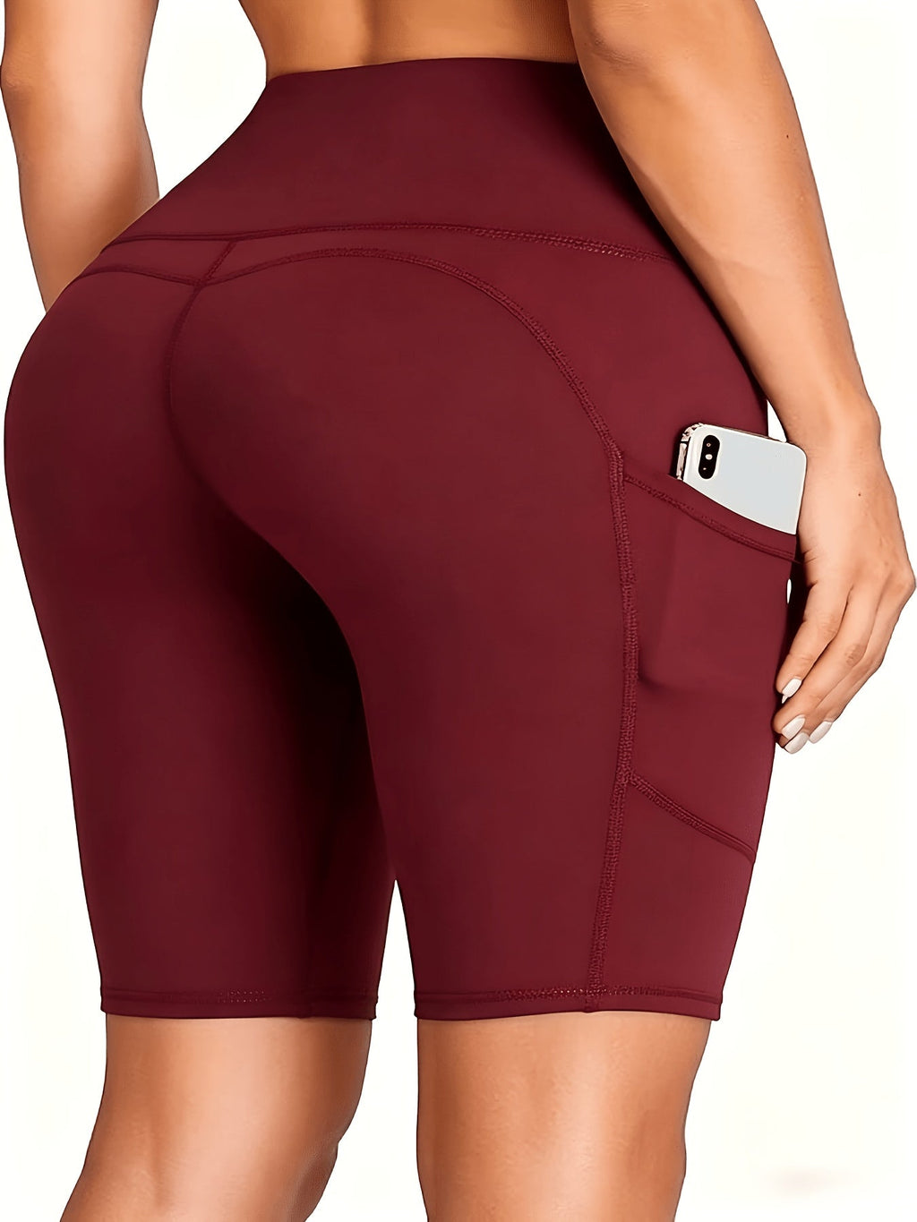 High Waist Tummy Control Biker Shorts for Women with Pocket – Stretch Knit Polyester Athletic Shorts for Gym, Yoga, Running & Cheerleading, Sizes XS–XXL, Burgundy & Navy