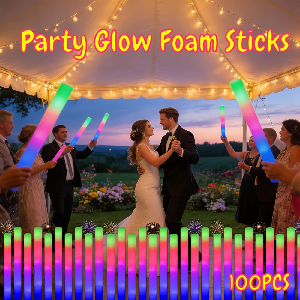 LED Foam Light Sticks Bulk Pack 28 48 or 100 Pieces – 3-Mode Color Changing Flashing Glow Sticks for Glow Parties Weddings Concerts Birthdays Halloween Christmas Camping Cheering Events – Safe for Kids Adults
