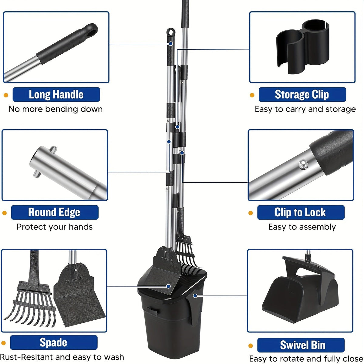 Heavy Duty Dog Pooper Scooper Set with Swivel Bin, Rake & Spade – Long Handle No-Bend Pet Waste Removal for Grass, Dirt & Gravel, 40 Waste Bags Included, Large Dogs
