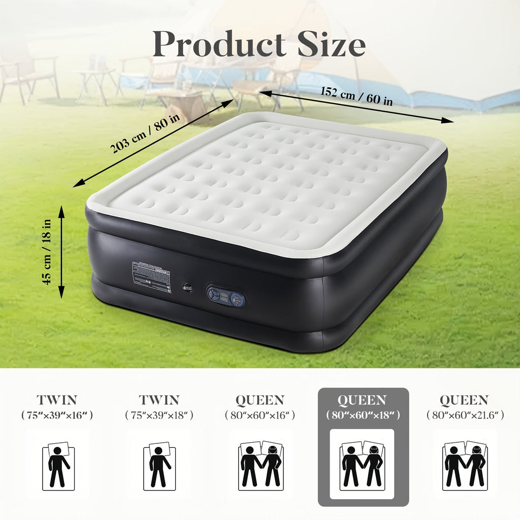 Inflatable Air Mattress with Built-In Pump – Double Height Blow-Up Airbed 16"/18"/21" Thick, 660 Lbs Capacity, Non-Slip Bottom – for Home, Guest Room, Camping & Outdoor Use