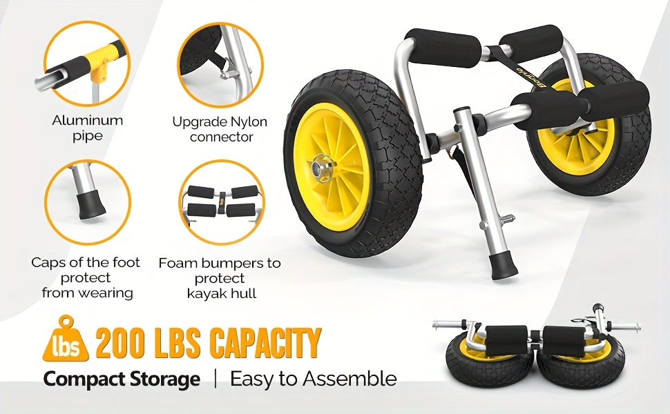 Bonnlo Portable Kayak Trolley Cart Collapsible Cast Aluminum Alloy with 10" Solid Wheels - Fits Canoes, Paddle Boards, Jon Boats, Float Mats & Watercraft Transport