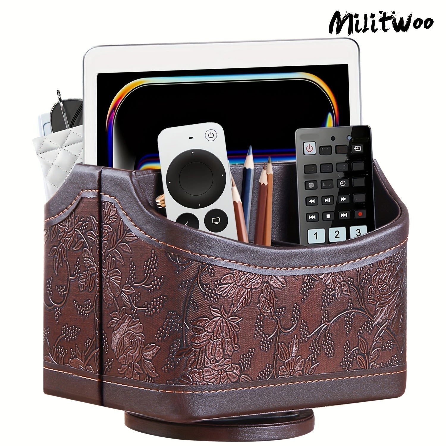 360 Swivel Remote Control Holder 5-Compartment PU Leather Desk Organizer for TV Remotes Phones Eyeglasses Pens Rotating Desktop Storage Caddy
