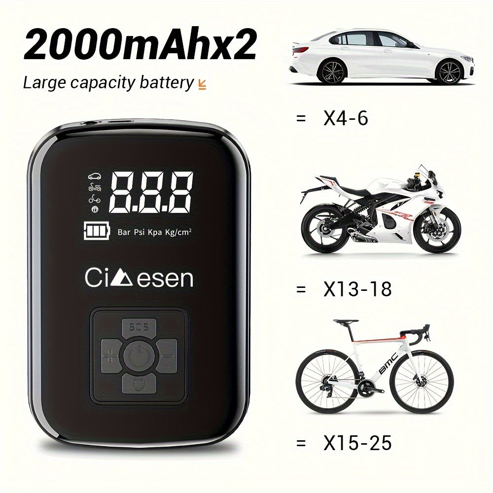 Portable Tire Inflator 100W Cordless Air Pump 4000mAh Battery 30-Second Inflation 5 Modes Digital PSI Display Type-C Fast Charging LED Light Multi-Nozzle for Car Motorcycle Bicycle Ball