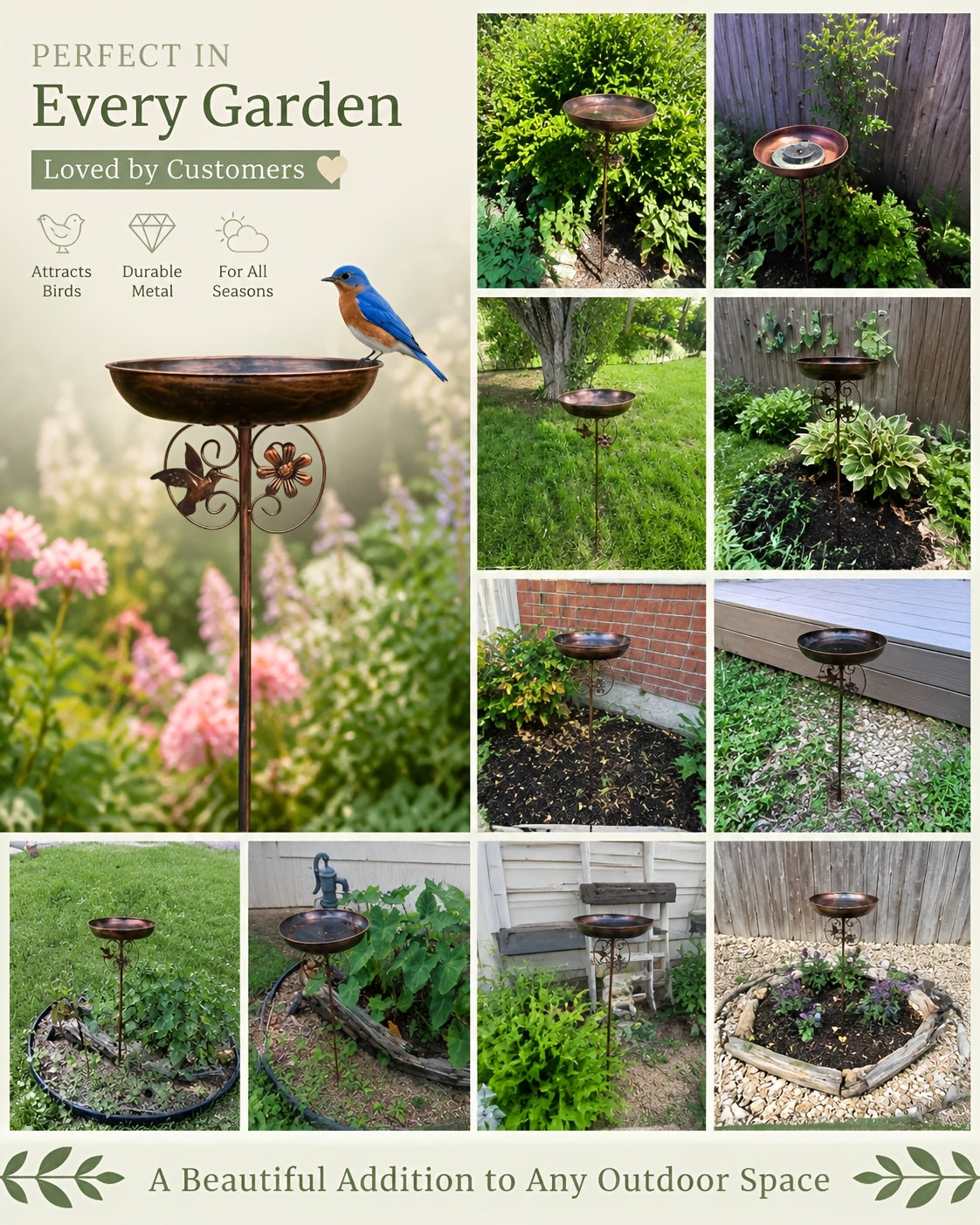 Outdoor Bird Bath and Feeder Set Metal Sunflower Design 5-Claw Stake Base Bronze Color Weather-Resistant Backyard Garden Decor Attracts Wild Birds