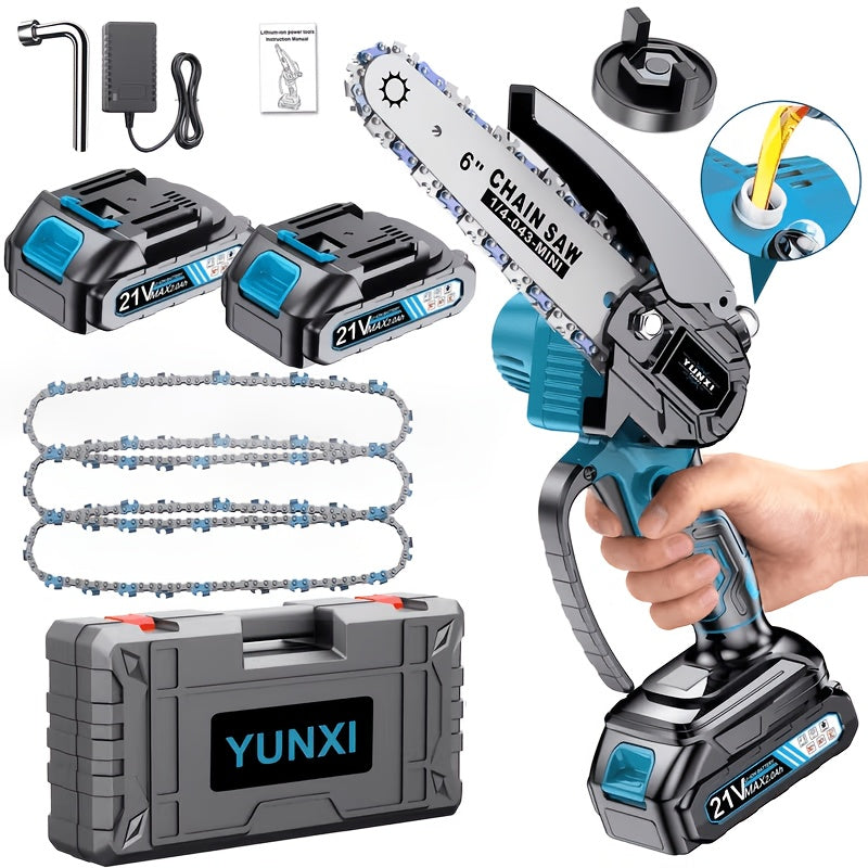 Mini Cordless Chainsaw Portable Handheld Electric Tree Cutter with Splash Guard Security Lock Rechargeable Battery for Garden Yard Branch Pruning