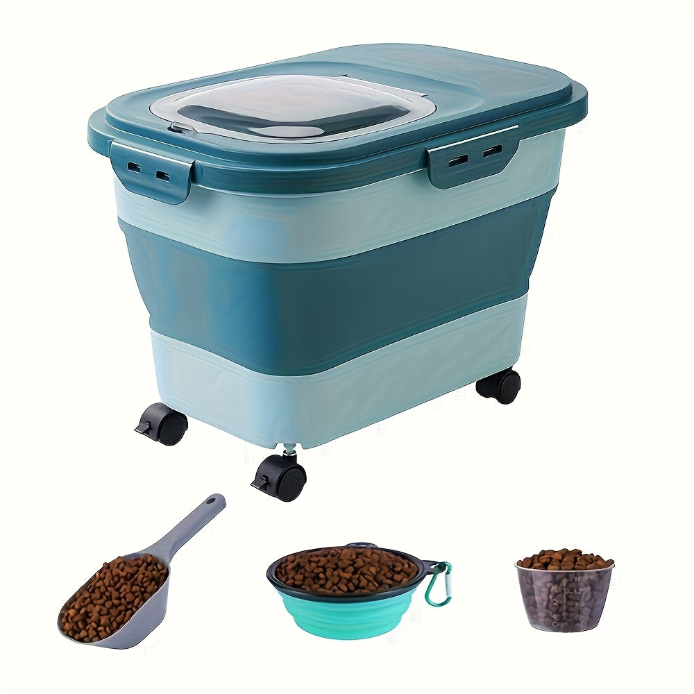 Large Airtight Pet Food Storage Container with Wheels – Moisture & Insect Resistant Sealed Bin with Measuring Cup & Foldable Design for Cat & Dog Dry Food, Off-White Green Pink