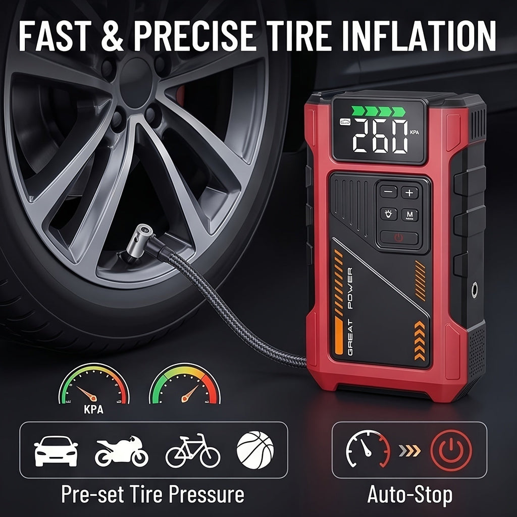 9 in 1 Portable Jump Starter with Air Compressor for 12V Cars Up to 8.0L Gas 6.5L Diesel Battery Booster Pack Tire Inflator USB Power Bank LED Emergency Light Safety Hammer Roadside Kit