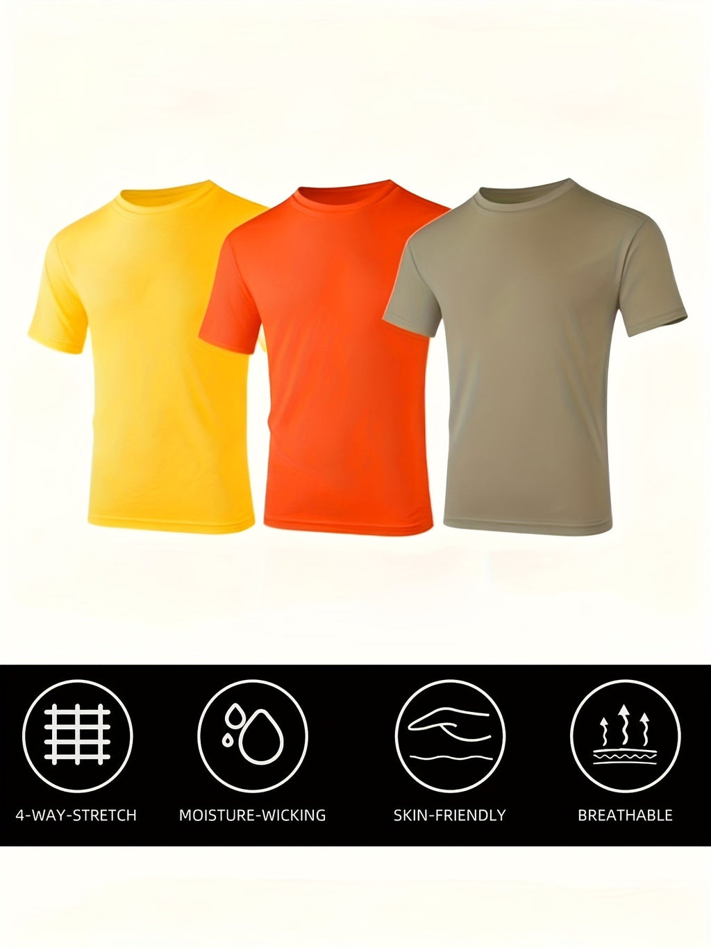 Men's UPF 50+ Quick-Dry T-Shirts 3-Pack – Moisture-Wicking Crew Neck Short Sleeve Athletic Tees Khaki Orange Yellow S-3XL for Swimming Beach Outdoor Sports Fishing Hiking