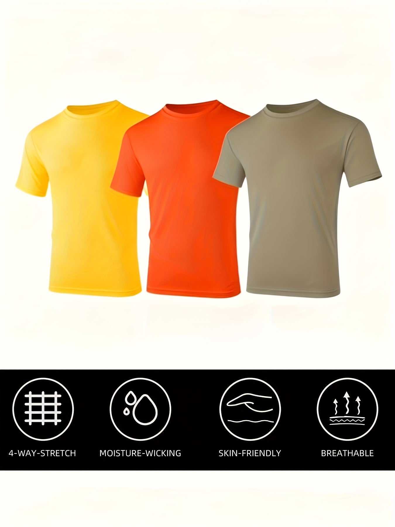 Men's UPF 50+ Quick-Dry T-Shirts 3-Pack – Moisture-Wicking Crew Neck Short Sleeve Athletic Tees Khaki Orange Yellow S-3XL for Swimming Beach Outdoor Sports Fishing Hiking