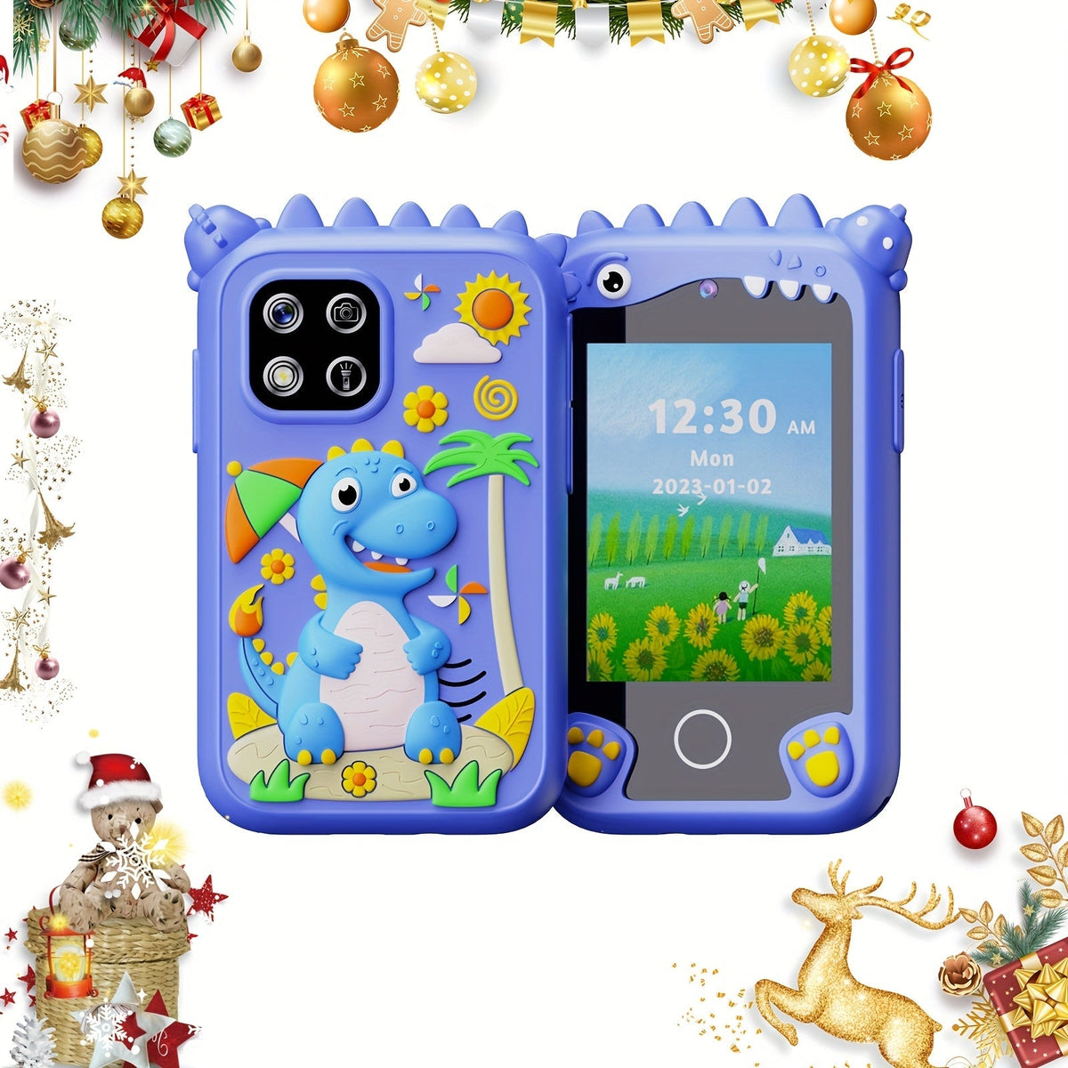 Kids Smart Phone Toy Dinosaur Design HD Touchscreen Dual Camera 8GB SD Card Play Cell Phone for Boys Girls Ages 3 and Up Travel Toy Birthday Easter Halloween Christmas Gift Green Purple