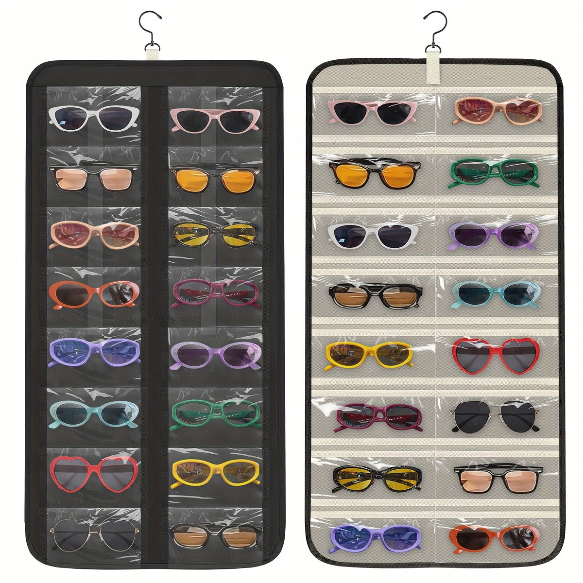 32-Slot Hanging Glasses Organizer – Double-Sided Wall Mount Sunglasses & Eyeglasses Holder with 360° Rotatable Hook, Dustproof Clear PVC Slots for Jewelry, Watches & Headbands, Travel Friendly