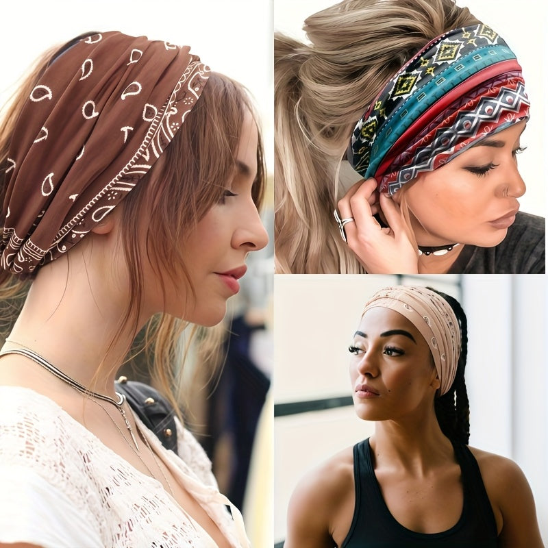 8pcs Wide African Turban Headbands for Women – Boho Paisley Anti-Slip Elastic Headwraps Moisture-Wicking 95% Polyester Sports Yoga Running Daily Wear Machine Washable Hair Accessories Gift Set