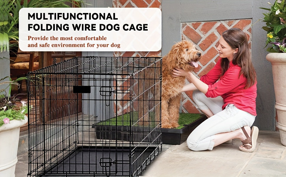 Double Door Folding Metal Dog Crate 42 48 Inch with Divider Leak-Proof Tray High-Temp Paint Finish Wire Kennel Puppy Medium Large Dogs Indoor Outdoor Black Blue Pink
