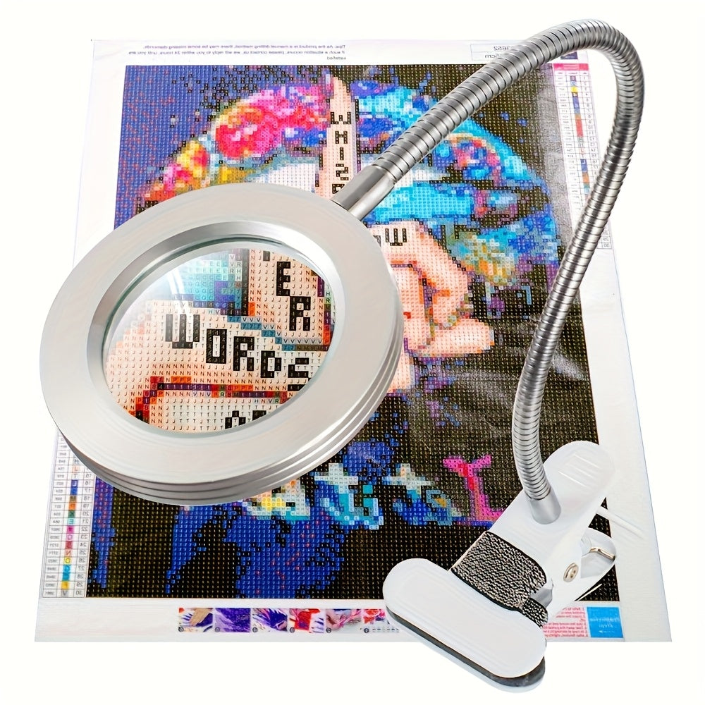 Diamond Painting Magnifier LED Clamp Lamp 10X Hands-Free 5V USB 3 Color Modes 10 Brightness Levels 18'' Flexible Gooseneck for Crafts Sewing Jewelry Making Embroidery Reading Hobby Desk Light
