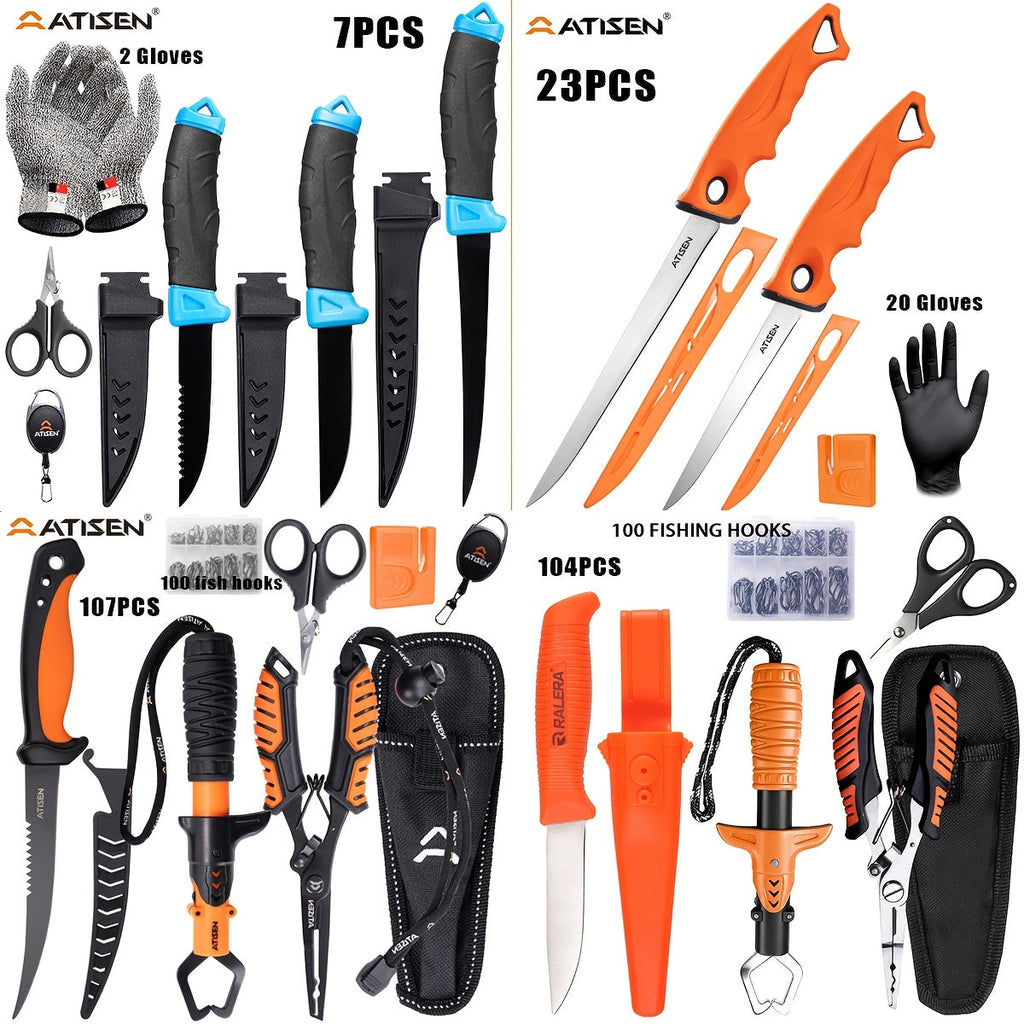 Fishing Knife Set 7/23/104/107-Piece – Stainless Steel Fillet Boning Gutting Knives with Line Cutter Camping Cutting Carving Tool Kit for Freshwater Saltwater Fishing Fisherman Gift for Men