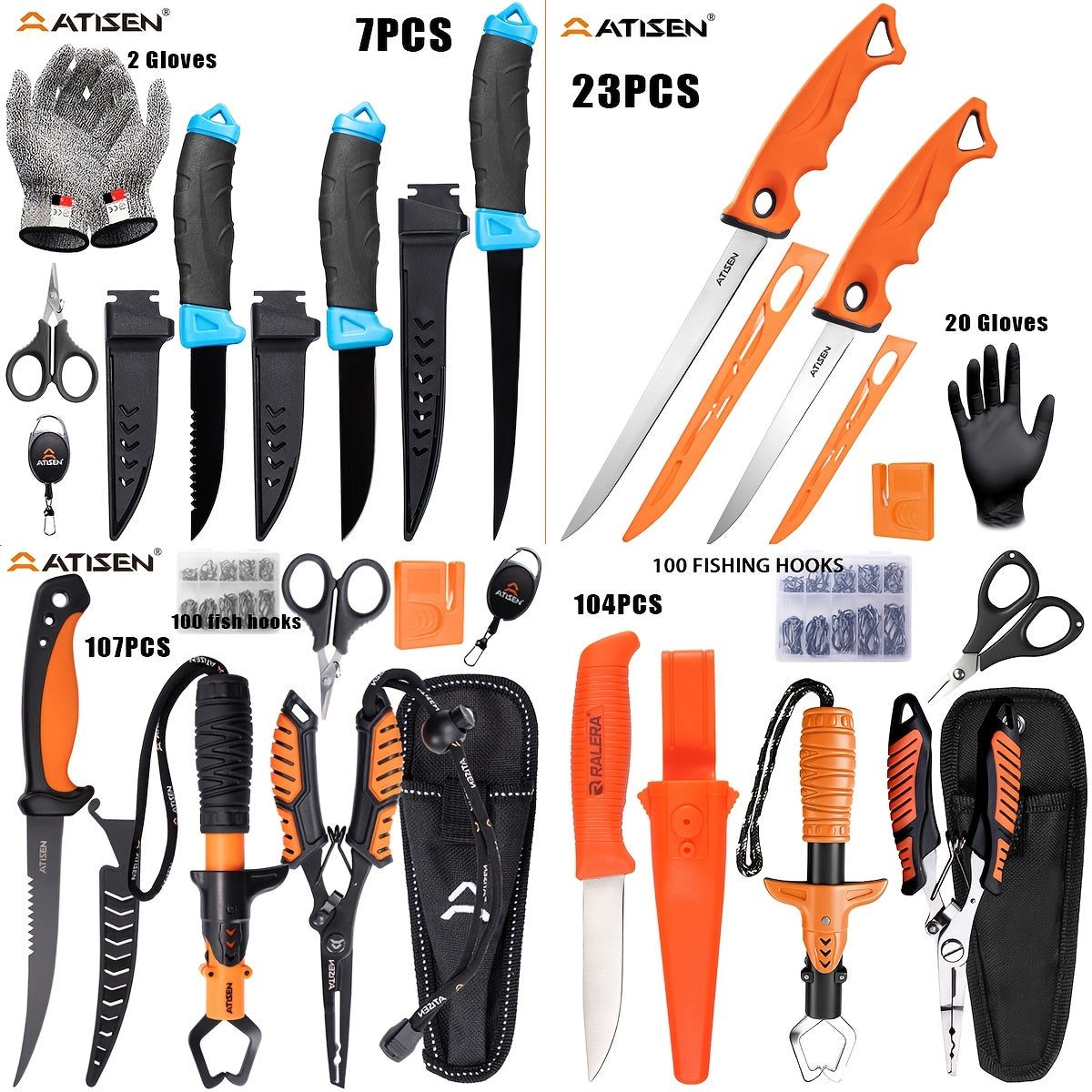 Fishing Knife Set 7/23/104/107-Piece – Stainless Steel Fillet Boning Gutting Knives with Line Cutter Camping Cutting Carving Tool Kit for Freshwater Saltwater Fishing Fisherman Gift for Men