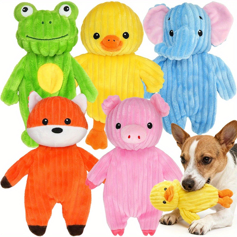 Plush Dog Squeaky Toys 5-Pack Bundle Washable Stuffed Animal Chew Toys for Small Medium Large Dogs – Embroidered Safety Eyes, Pig Frog Elephant Chicken Fox Designs