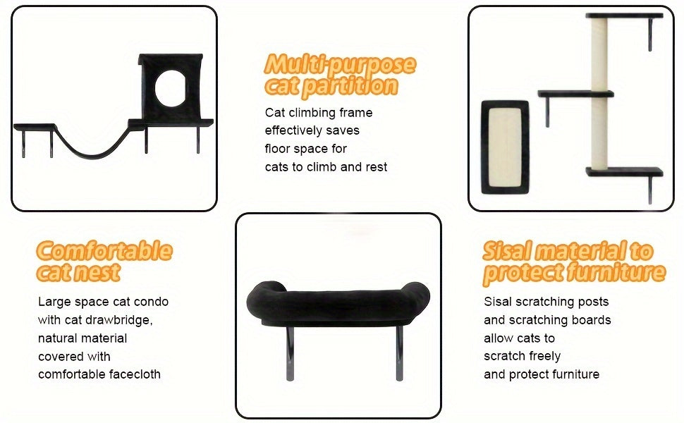 Wall Mounted Cat Climbing Shelf Set 7-Piece Deluxe Indoor Cat Furniture with Condo Scratching Post Bridge Ladder Tunnel – Space-Saving Cat Wall Playground for All Cat Sizes