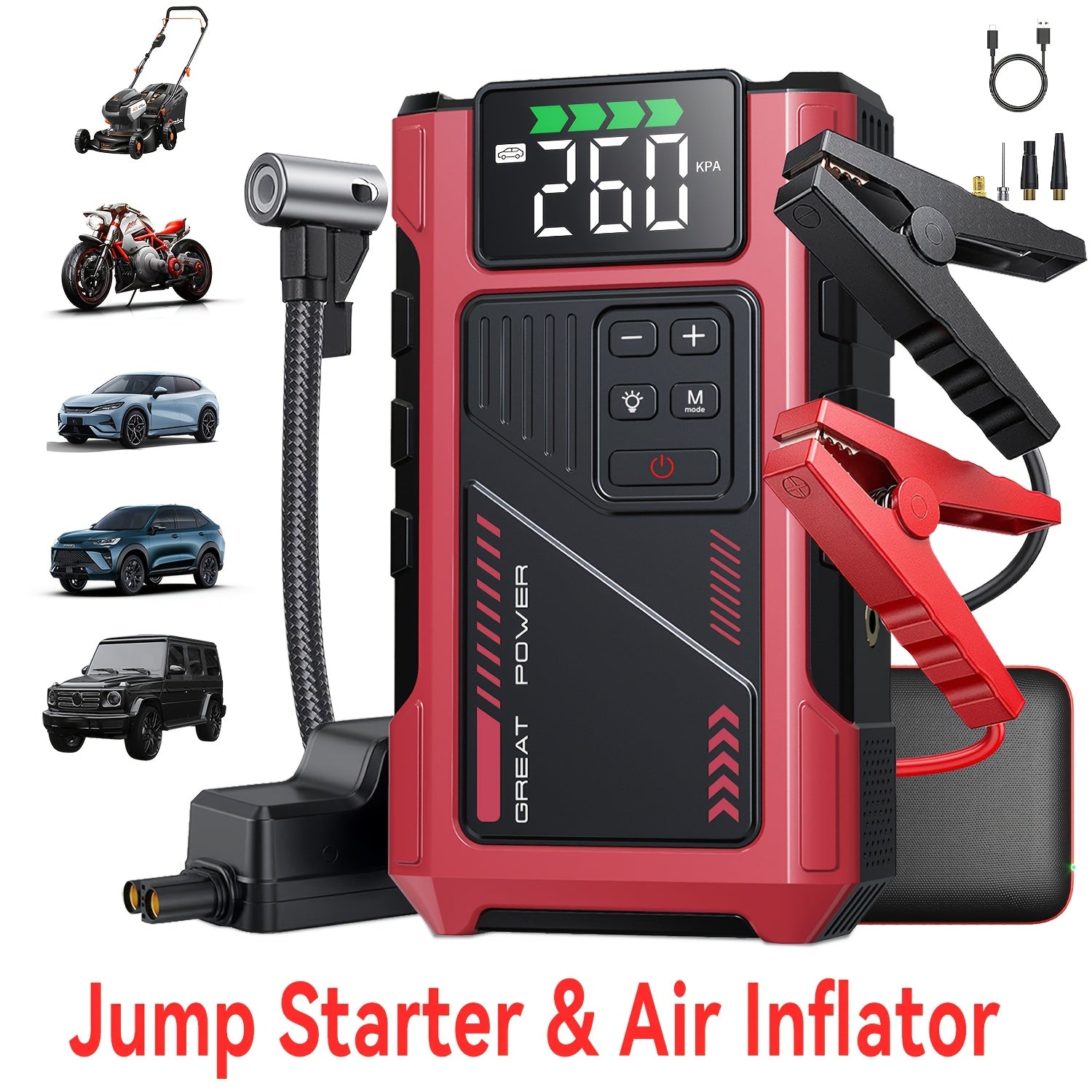 9 in 1 Portable Jump Starter with Air Compressor for 12V Cars Up to 8.0L Gas 6.5L Diesel Battery Booster Pack Tire Inflator USB Power Bank LED Emergency Light Safety Hammer Roadside Kit