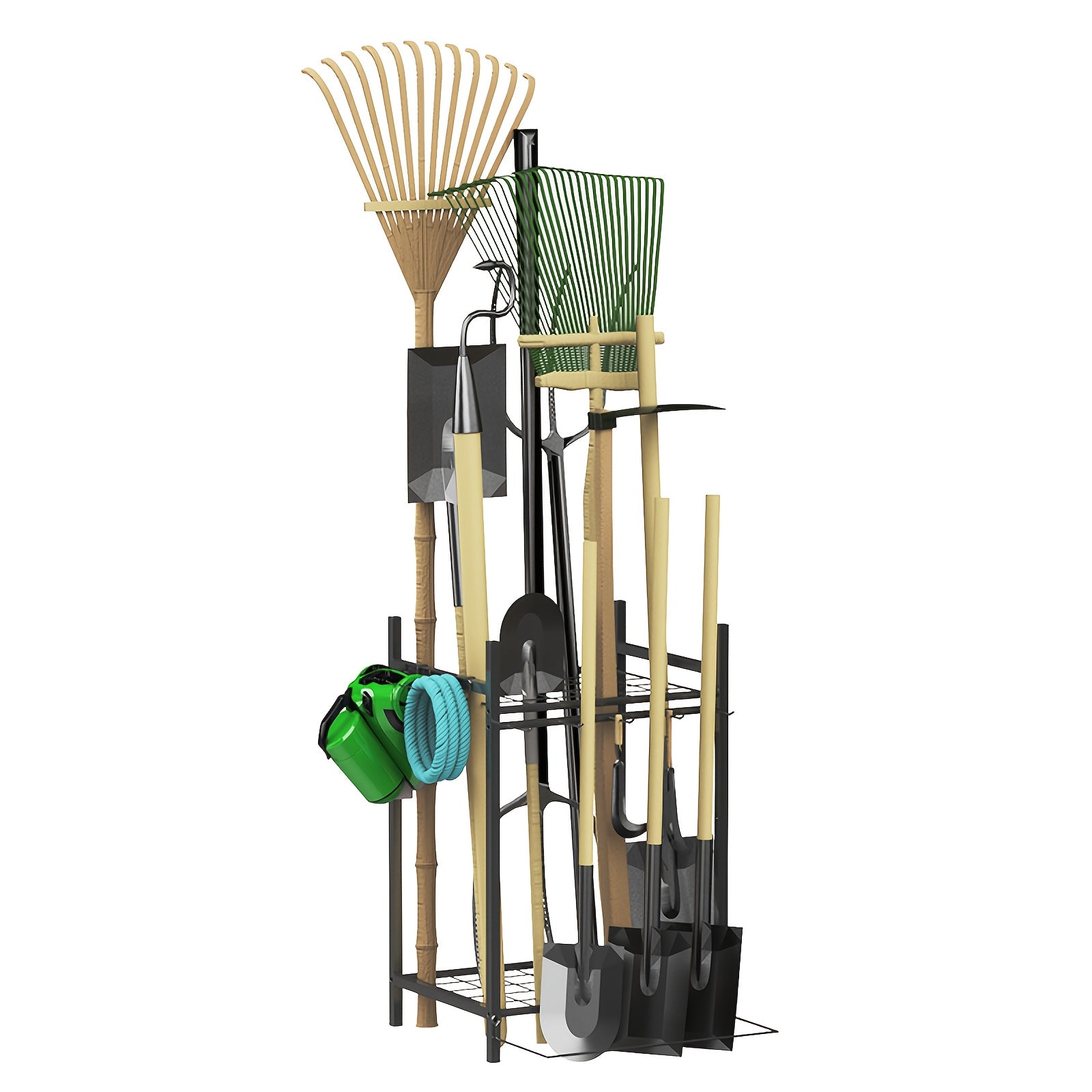 Garden Tool Organizer for Garage Heavy Duty Metal Rack with Hooks – Freestanding Yard Tool Stand Holder for Long-Handled Brooms, Shovels, Rakes & Outdoor Tools, Black Storage Rack