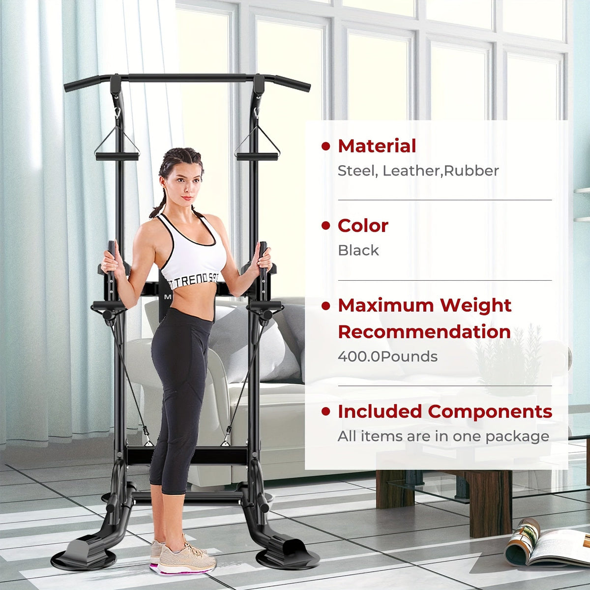 Power Tower Pull Up Bar Dip Station – Adjustable Height 50"-90.6" 330LBS Multi-Function Strength Training Equipment for Men & Women Home Gym, Free Elastic Bands Included
