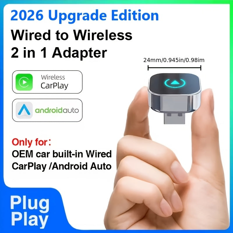 Wireless CarPlay Adapter 2026 Upgraded Mini Dongle 2-in-1 iPhone Android Auto Convert Wired to Wireless USB-A USB-C Dual-Band Low Latency Auto Connect FCC Certified