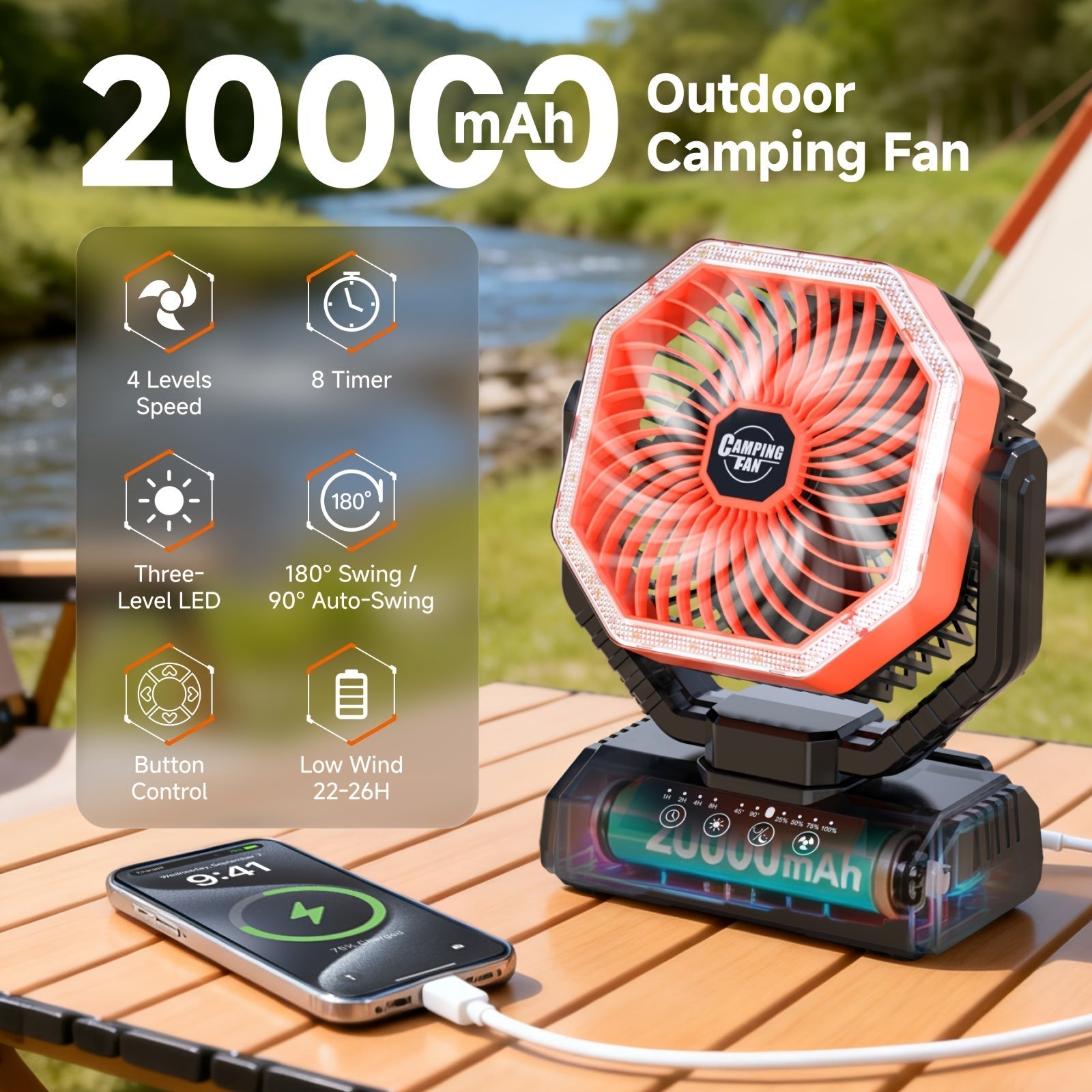 20000mAh Camping Fan with LED Light & Remote Control – 4-Speed Brushless Motor, 180° Oscillating Portable Outdoor Fan, 22-26 Hour Battery Life, 40 LEDs, Timer – for Camping, Hiking, Tent, Emergency & Home Use