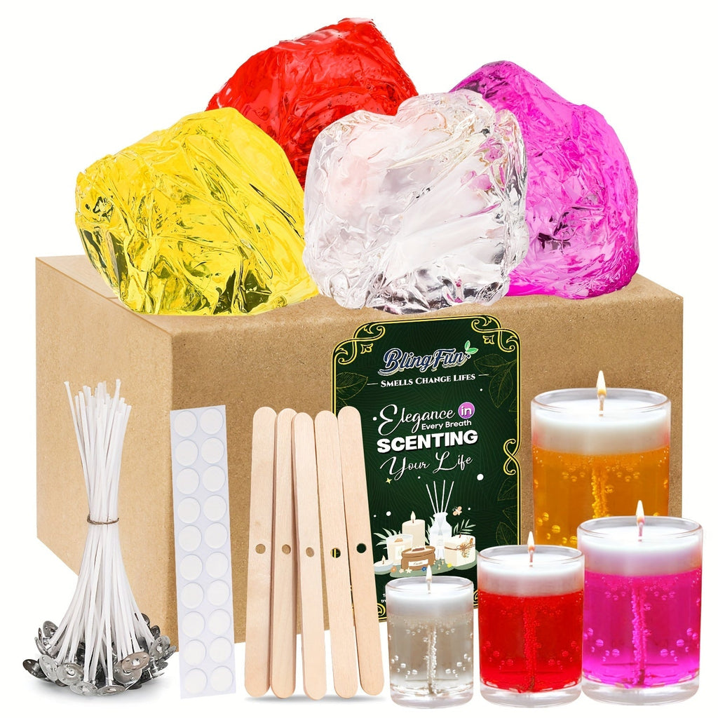 BlingFun Gel Candle Making Kit 400g Clear Jelly Wax 4 Colors 20pcs Wicks 20pcs Stickers 5pcs Wick Holders DIY Scented Candle Kit for Home Decor Craft Projects Beginner Candle Supplies