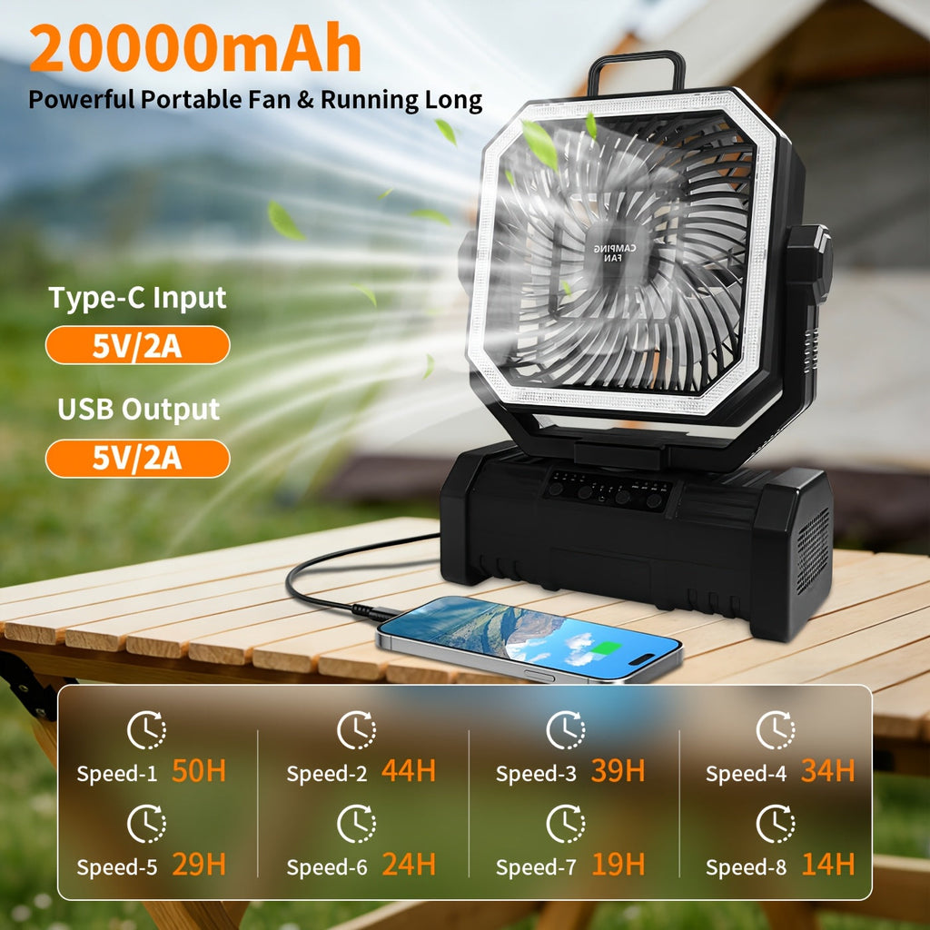 20000mAh Portable Camping Fan with Remote Control, LED Lights & 4 Speeds – Rechargeable Battery Operated Oscillating Tent Fan with 360° Rotation & Power Bank for Outdoor Camping, RV, Travel & Home Backup