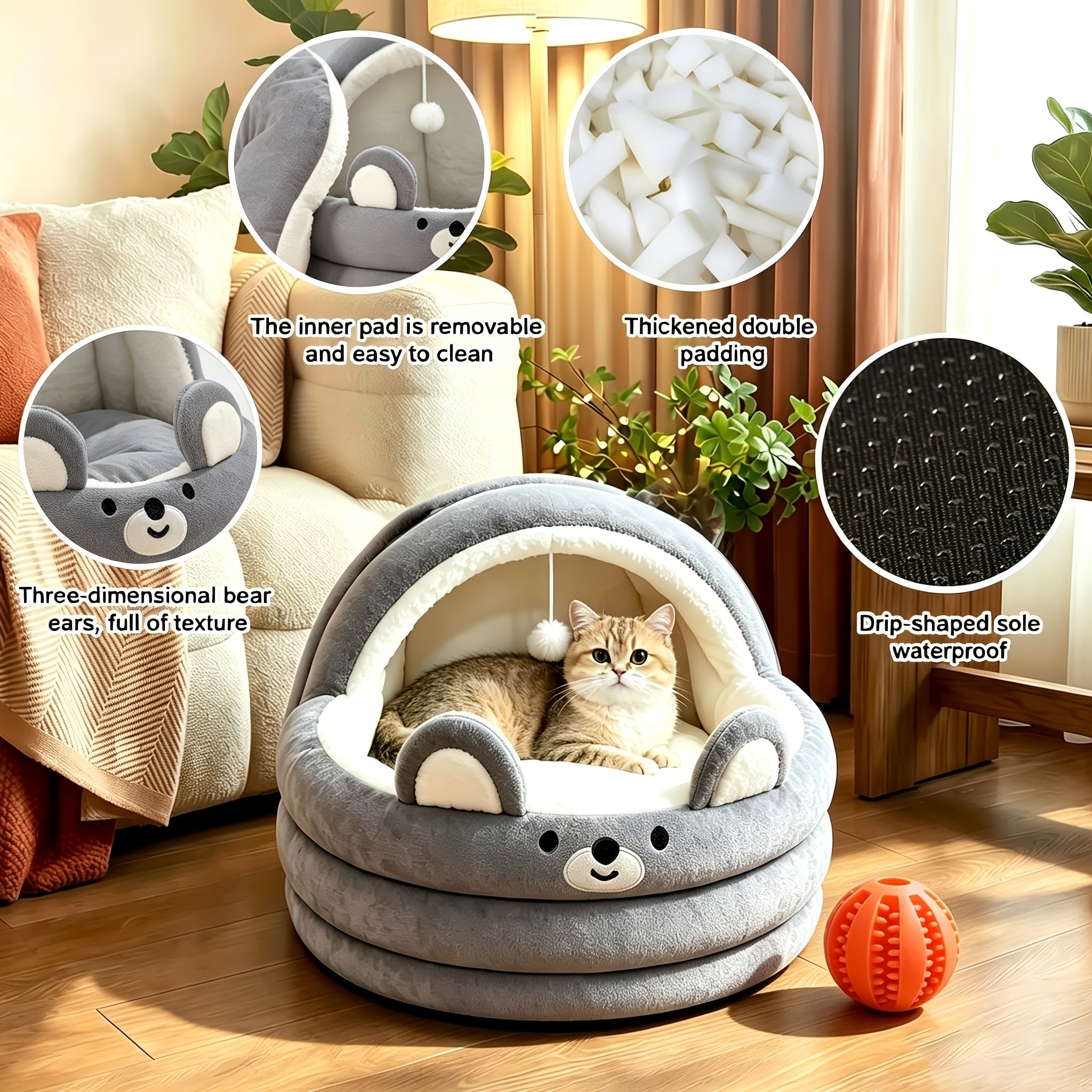 Round Plush Cat Bed & Pet Mat for Cats and Small Dogs – Large Circular Donut Design, Soft Comfortable All-Season Sleeping Pad, S M L Sizes, Includes Bonus Toy Balls, Cozy Cat Nap Cushion