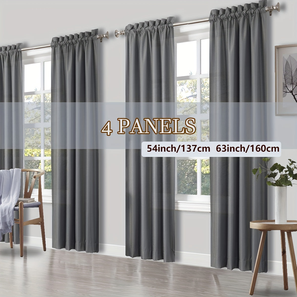 Rod Pocket Light Filtering Curtains 4 Panels – Solid Color Drapes for Living Room Bedroom Office, Easy Install, 10 Colors & 8 Sizes, Yarn-Dyed Fade Resistant Fabric, Home Window Treatment Set